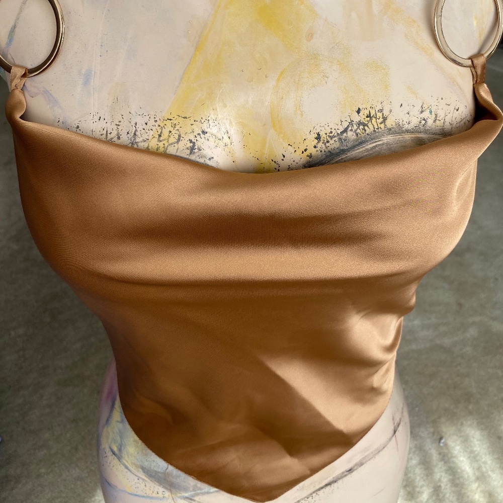 Gold satin cowl neck crop top w/gold rings tie neck